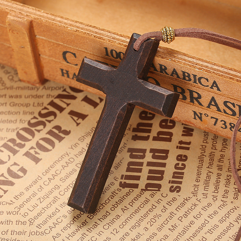 Retro Handmade Alloy Wood Cross Boys Necklace