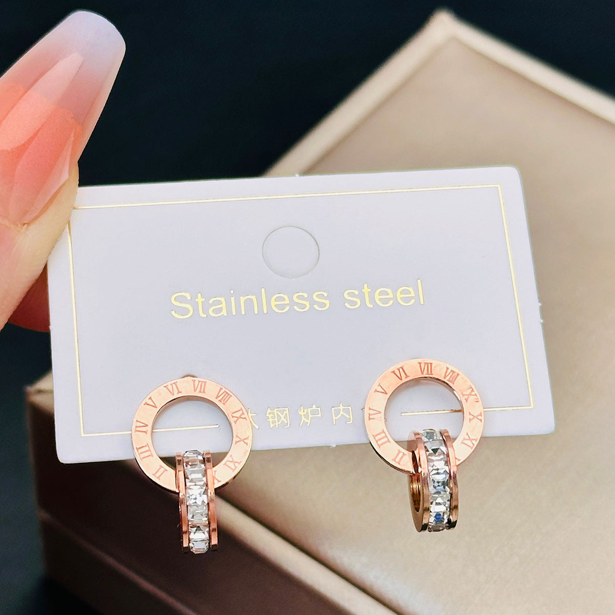 Roman Diamond Creative Rose Gold Titanium Steel Female Double Stud Earrings