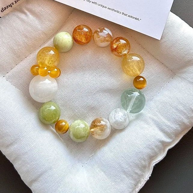 Orange Yellow Green Snowflake Ghost Fluorite Crystal Jade Gold Bracelets