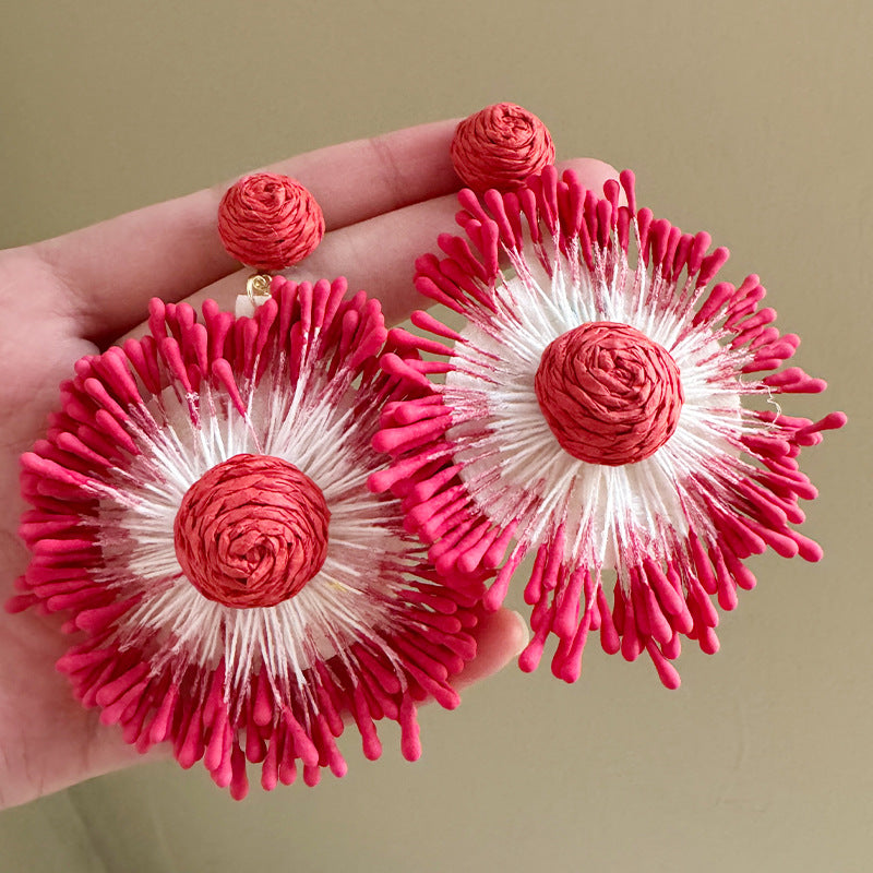 Exaggerated Handmade Raffia Sunflower Unique Travel Earrings