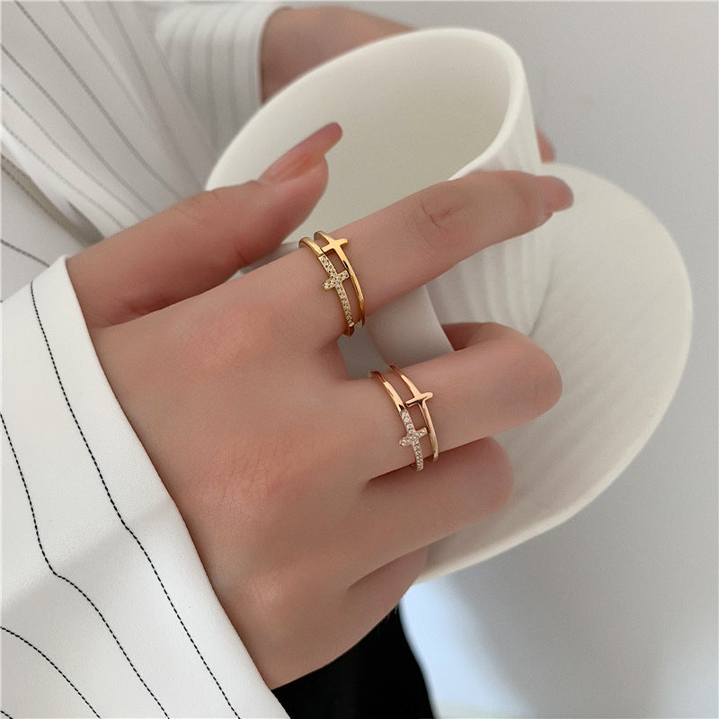 Layer Cross Micro Rhinestone Rose Gold Rings