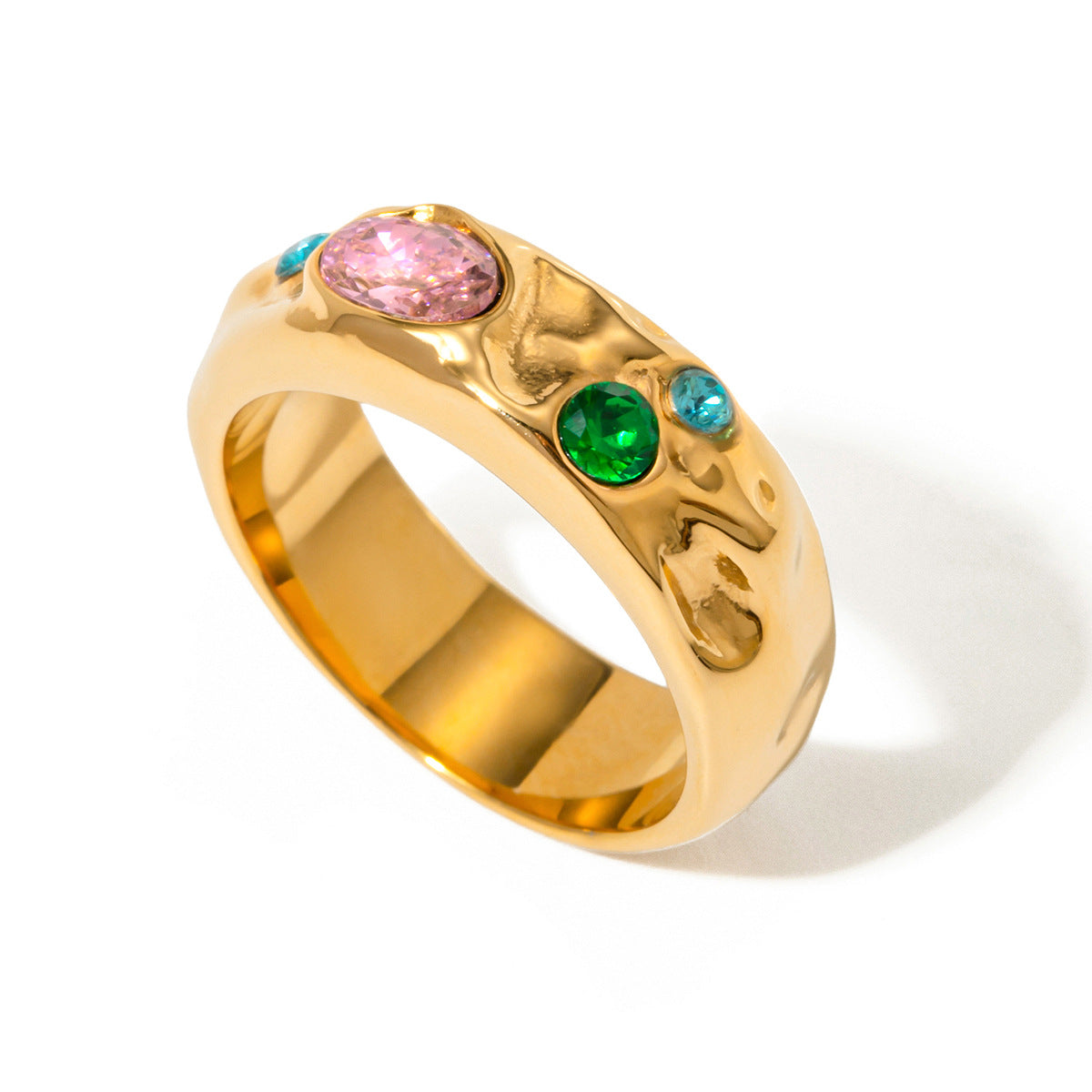 Women's Gold Stainless Steel Diamond Hammered Pink Rings