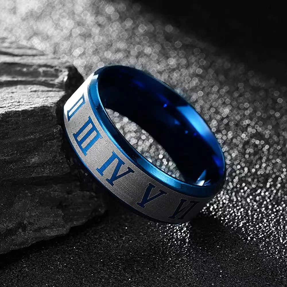 Men's Jewelry Titanium Steel Rotatable Blue Roman Rings