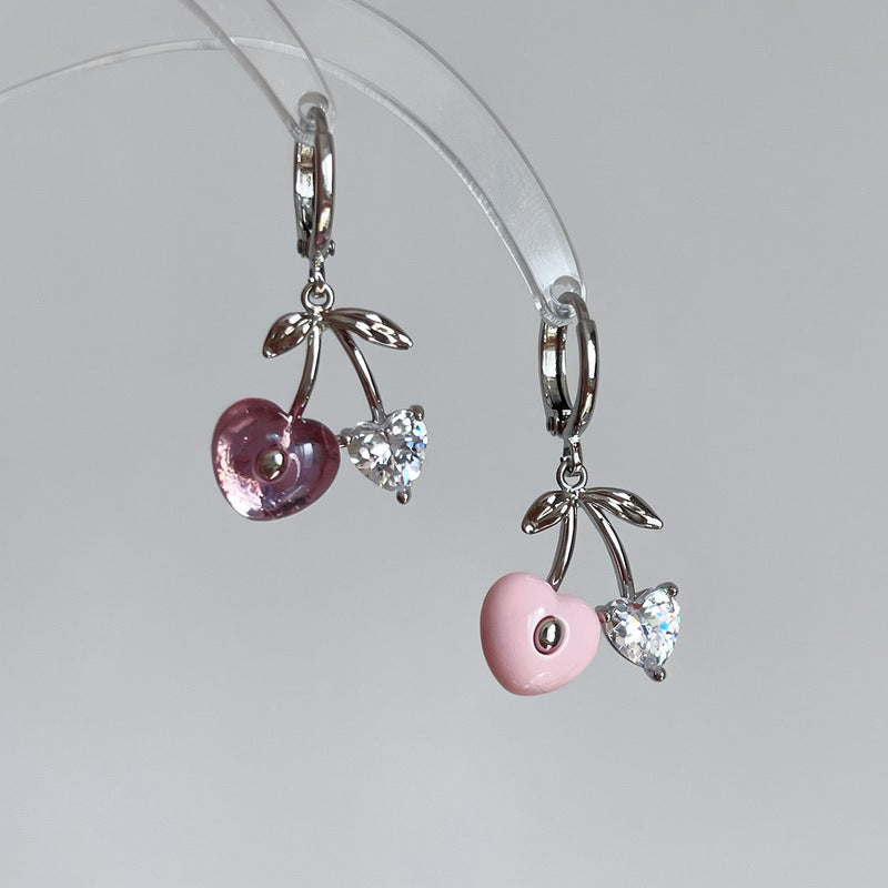 Elegant Pink Cherry Love Heart Sweet Cute Sier Light Luxury Earrings