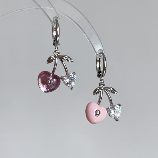Elegant Pink Cherry Love Heart Sweet Cute Sier Light Luxury Earrings
