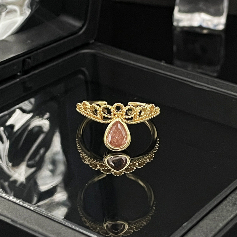 French Retro Court Gold Pink Diamond Open Female Rings