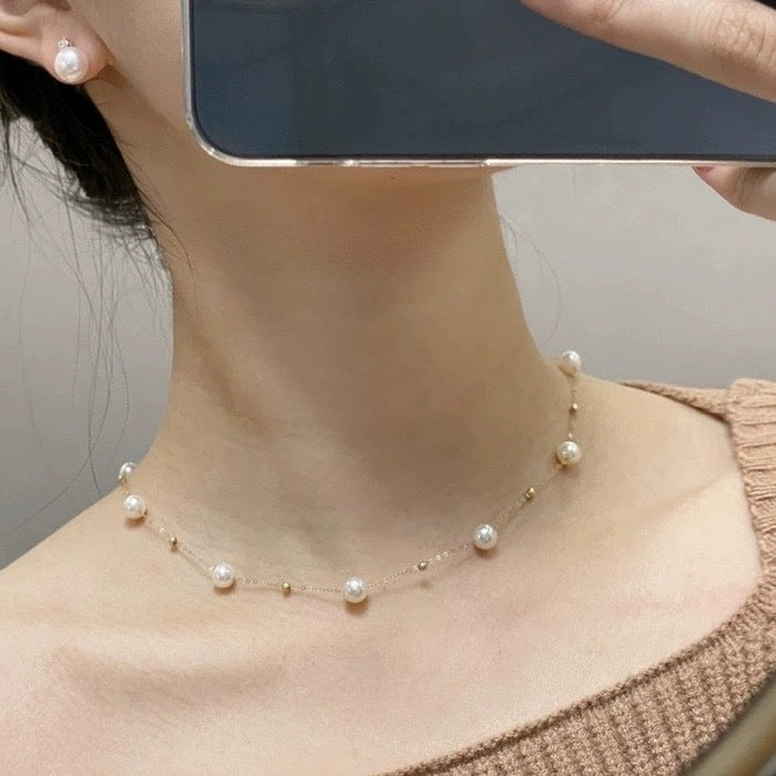 Strong Light Starry Pearl Female Sier Gray High-grade Sense Necklaces