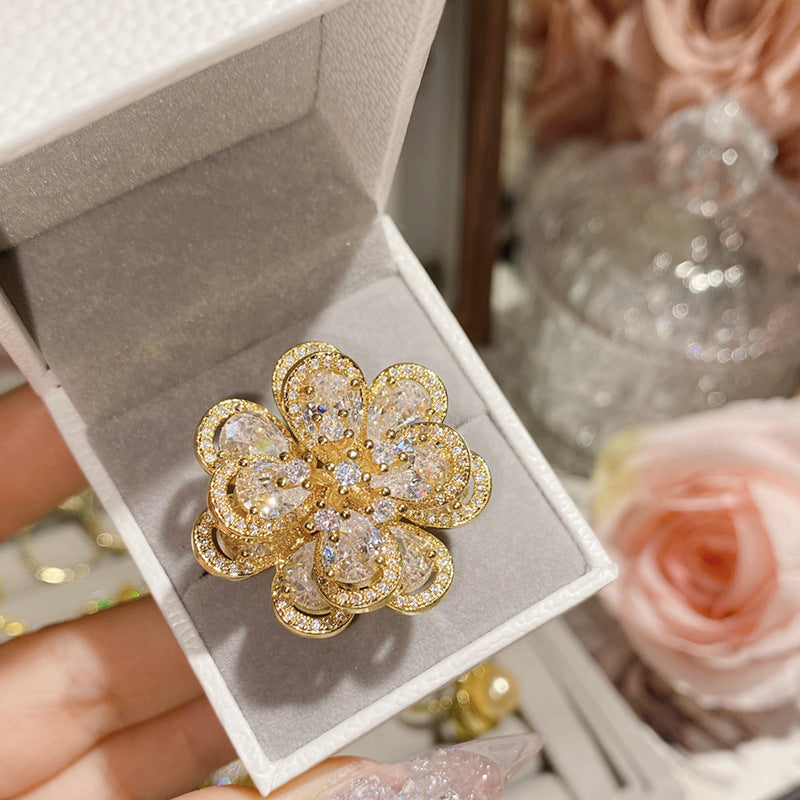 Camellia Fashion Romantic French Golden Rhinestone Gold Plated Ring