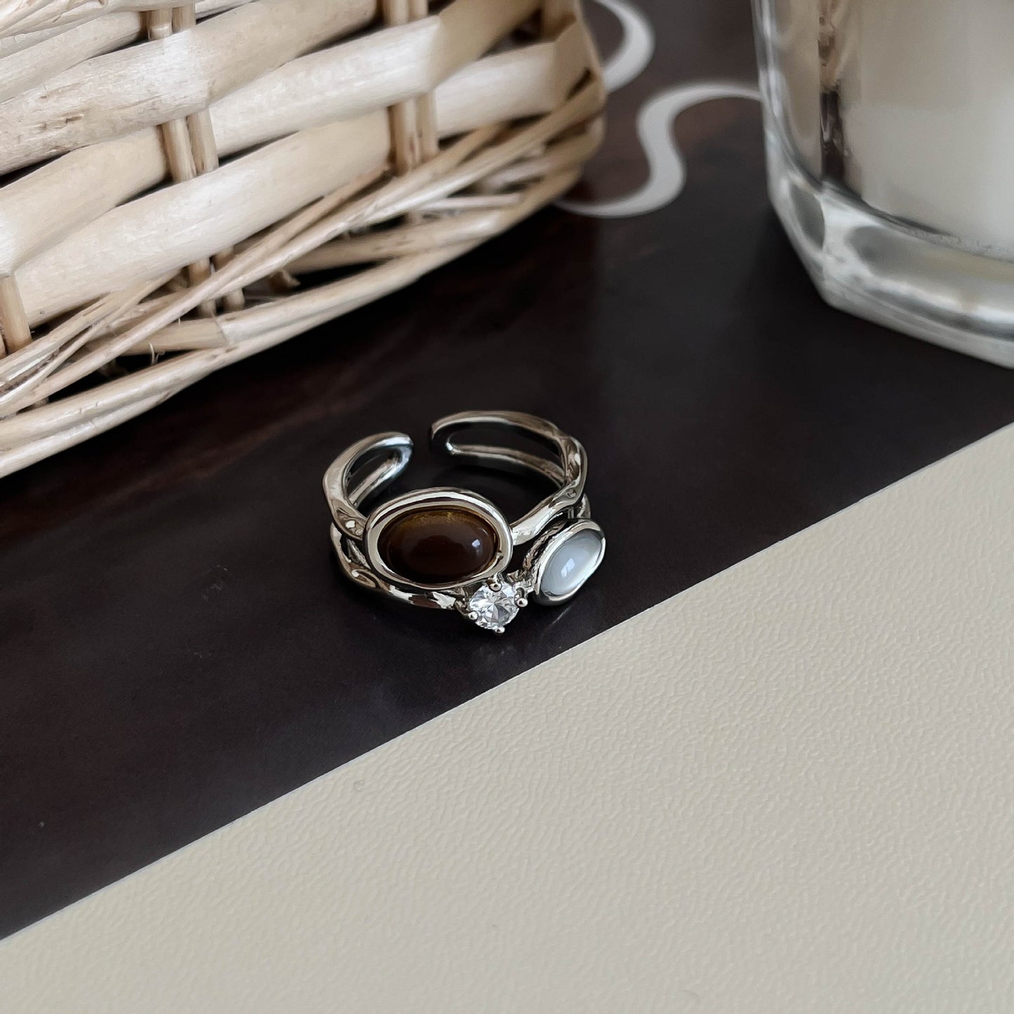 Simple Two-color Natural Stone Open Female Fashion Unique Design Finger Ring