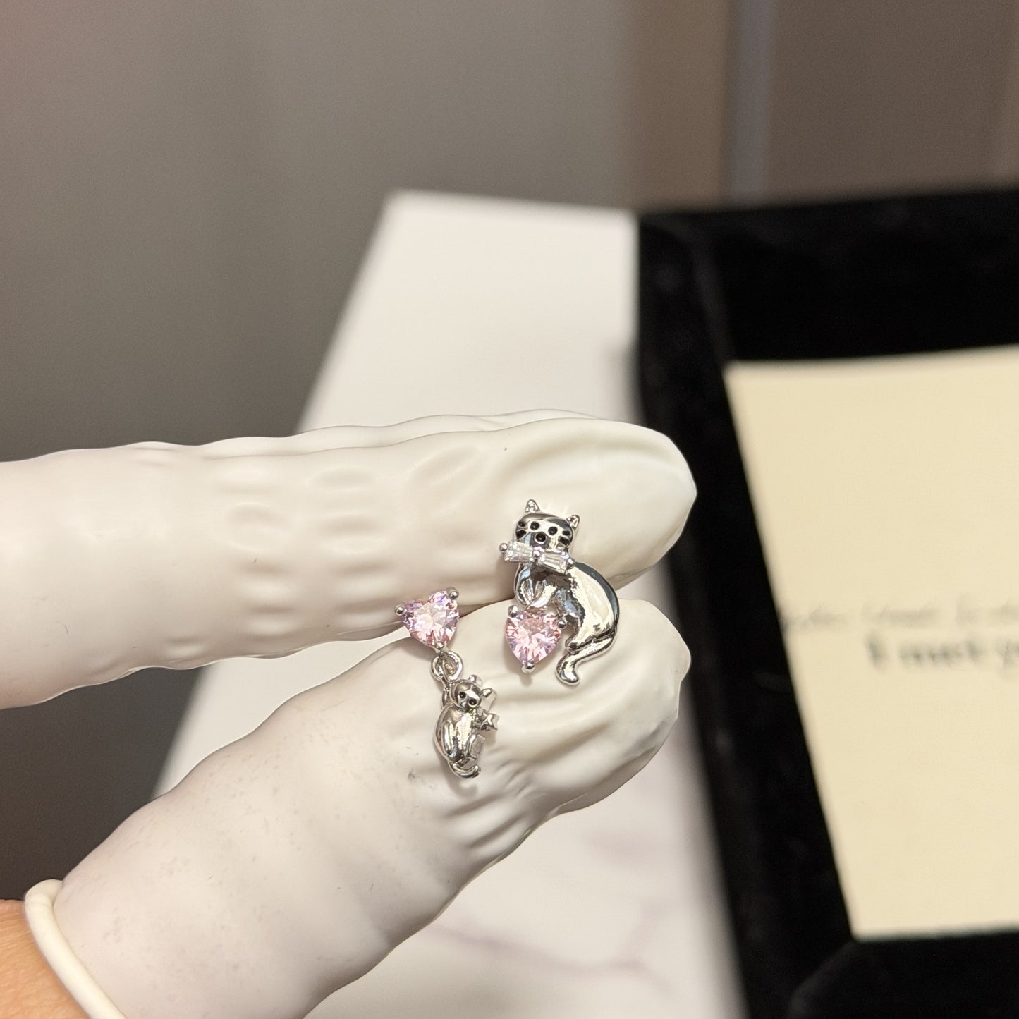 Cute Cat Heart Zircon Flat Bottom Titanium Stud Earrings