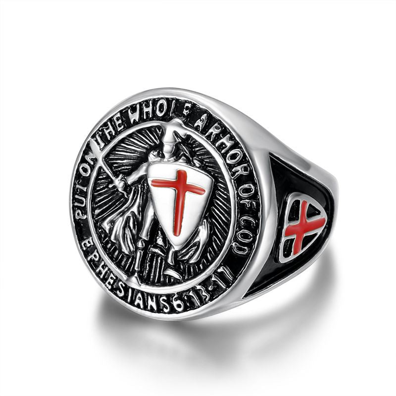 Men's Steel Gold-plated Vintage Templar Red Cross Rings