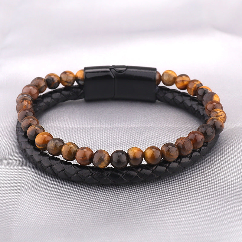 Men's Tiger Eye Beaded Genuine Leather Alloy Cowhide Bracelet