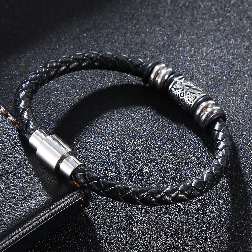 Men's Retro Leather Personality Woven Stainless Steel Magnetic Bracelet