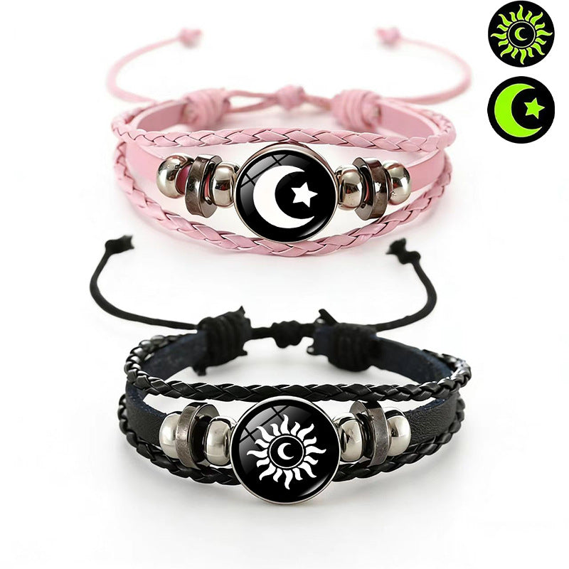 Sun Moon Lovers Time Stone Leather Unisex Woven Couple Gift Bracelet