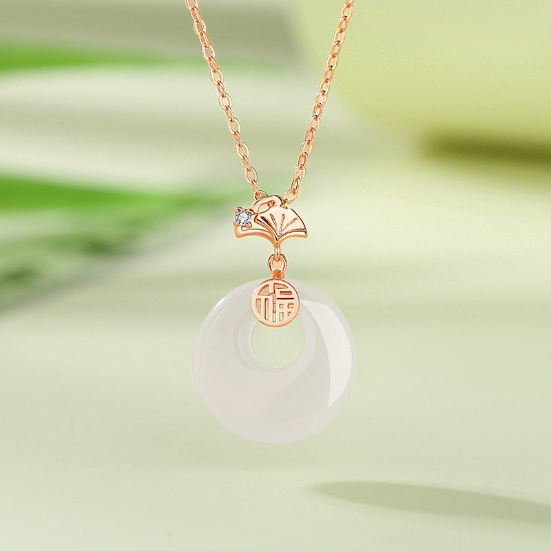 Women's Ginkgo Leaf Peace Buckle Chinese Style Fu Character Imitation Chalcedony Necklace