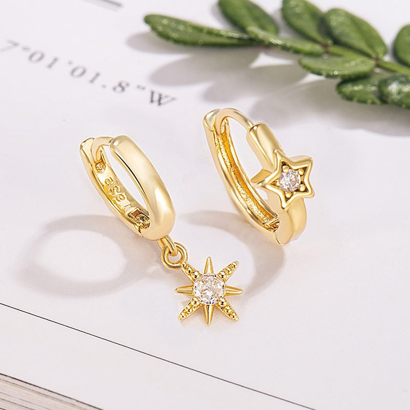 Women's Asymmetric Eight Awn Star French Style Fashionable Golden Simple Twin Earrings