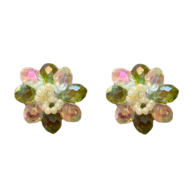 Tea Under The Moon Handmade Beaded Green Crystal Glass Ear Earrings