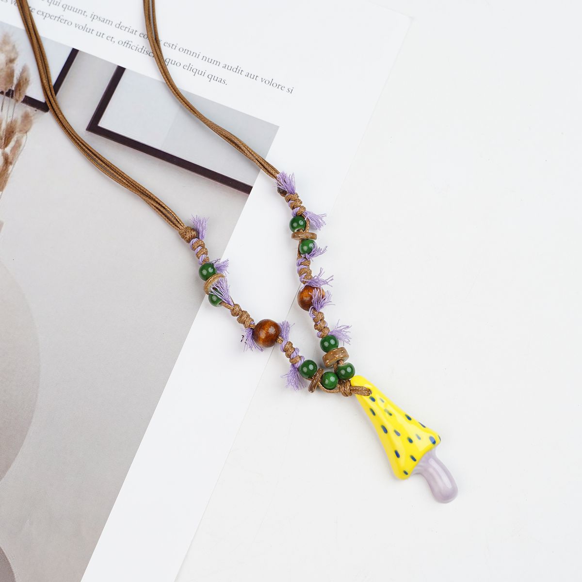 Women's Dopamine Color Ceramic Mushroom Long Woven Necklace