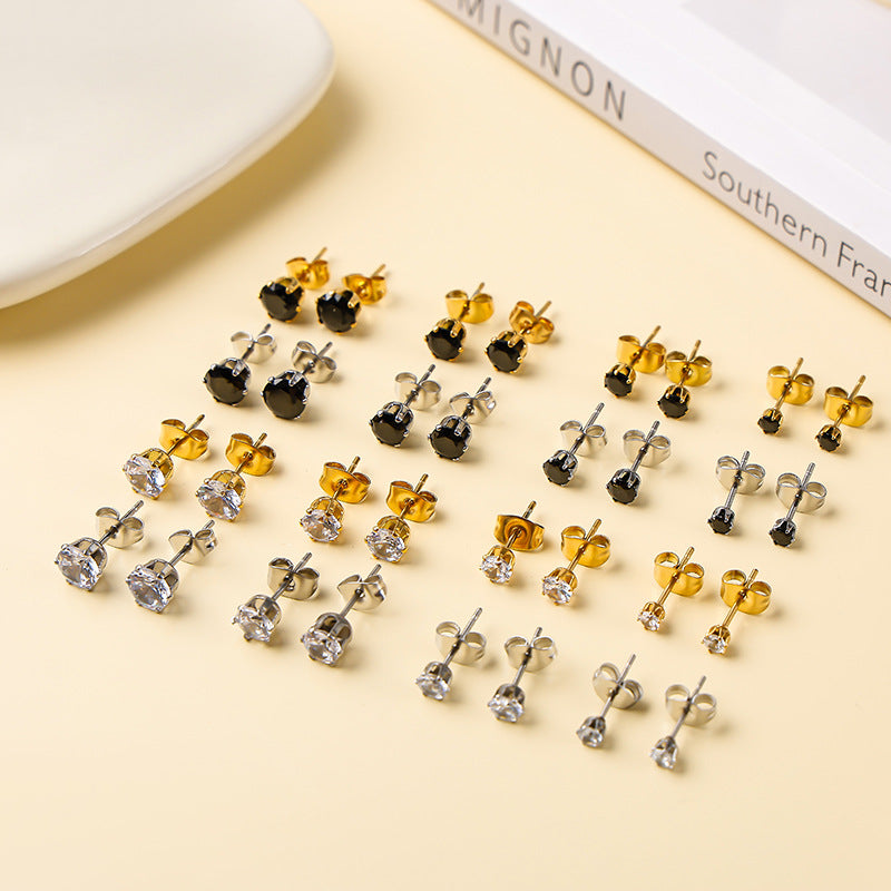 Stainless Steel Zircon Titanium Black Zirconium White Color Gold Plated Earrings