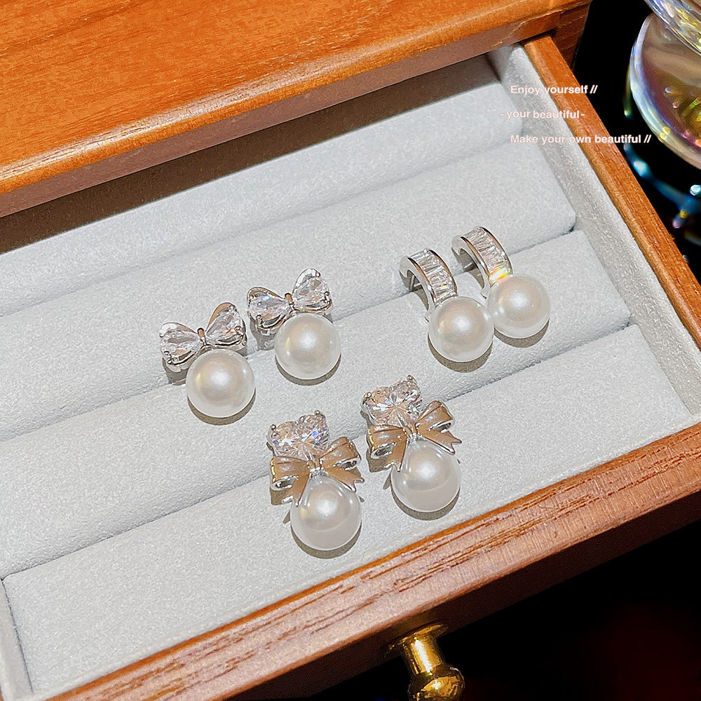Women's Cute Compact Delicate Pearl Bow Love Earrings