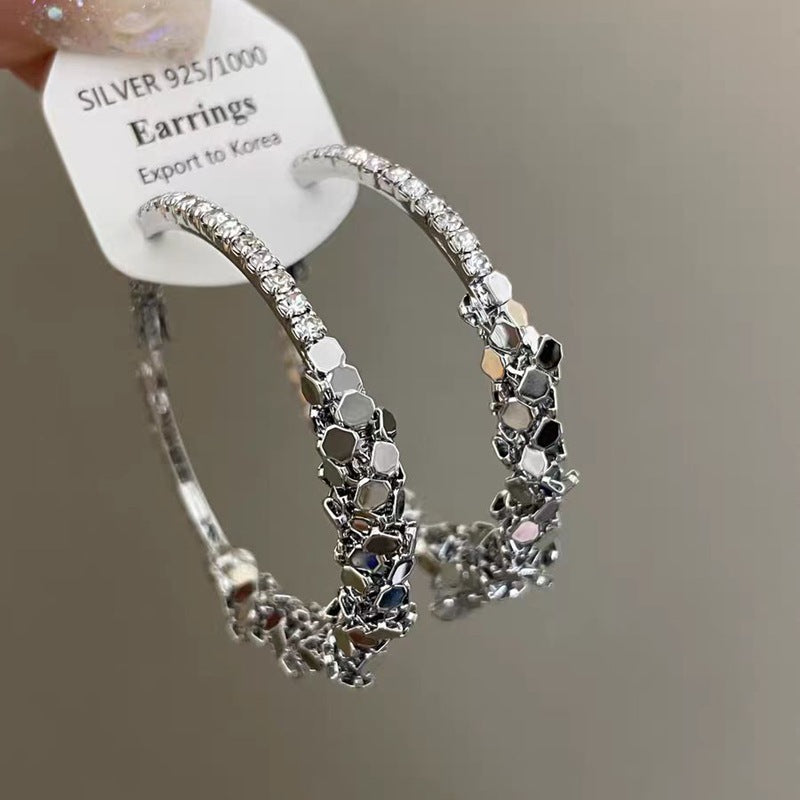 Women's Super Shiny Sier Rhinestone Big Hoop Light Luxury Earrings
