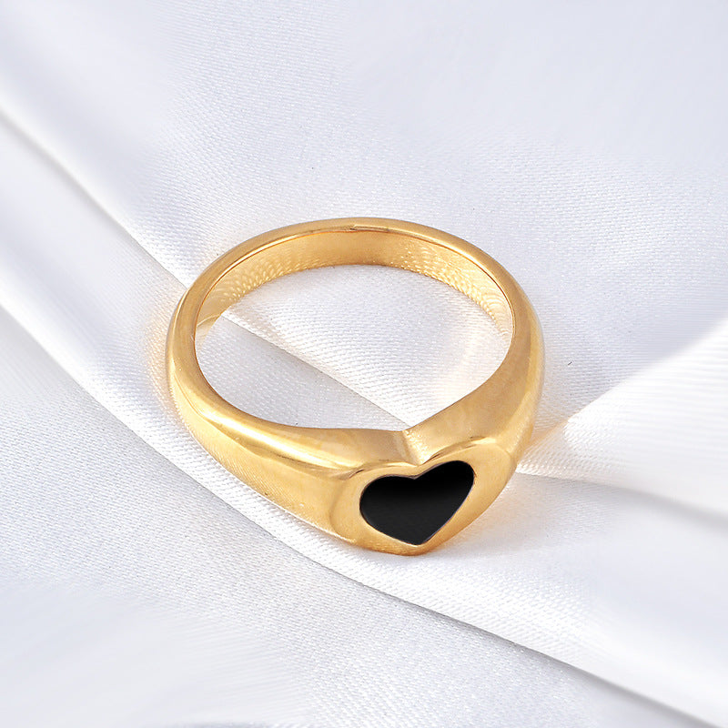 Women's Black Heart-shaped Epoxy Accessories Gold-plated Stainless Rings