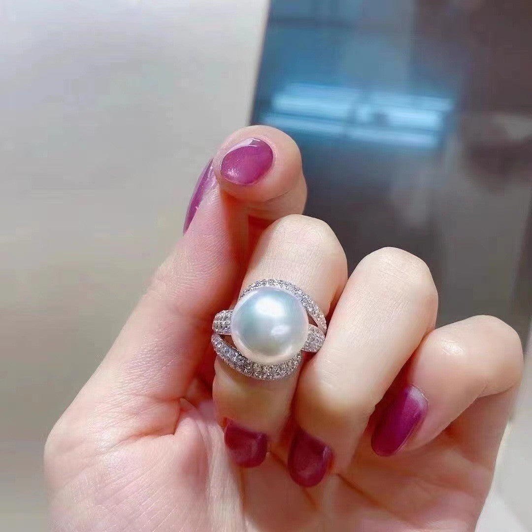 High Carbon Rhinestone Pearl Female Design Light Luxury Open Exquisite Ring