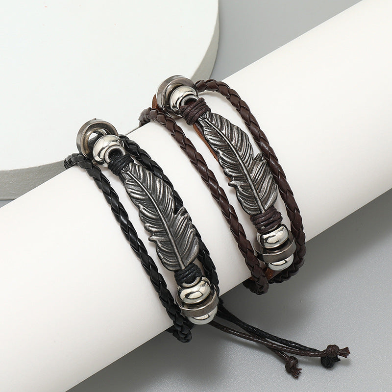 Ornament Simple Alloy Feather Beaded Leather Personality Trend Male Bracelets