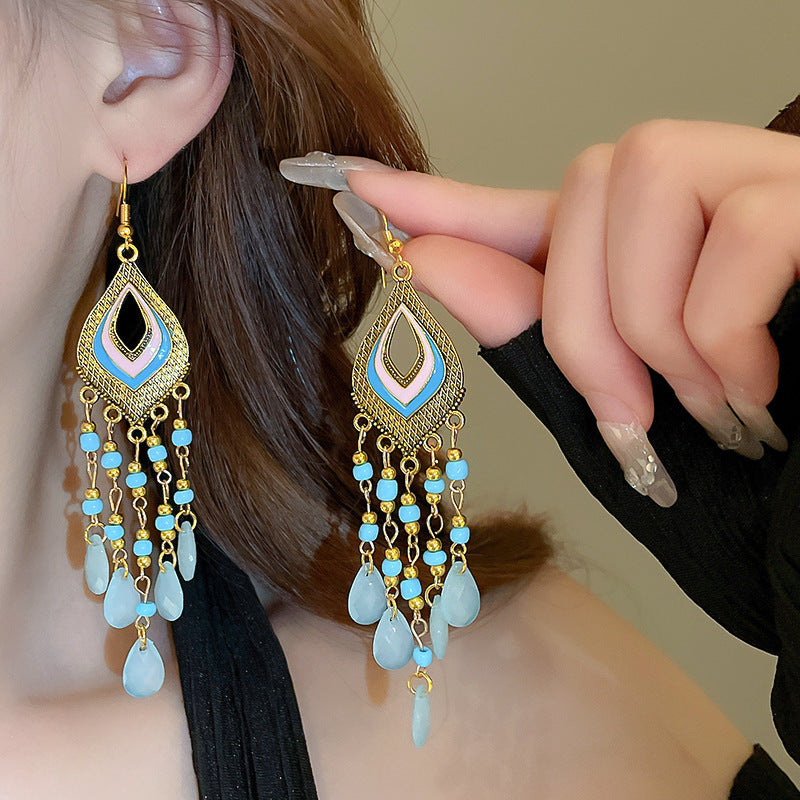 Women's Phoenix Crescent Tassel Niche Retro Design Earrings