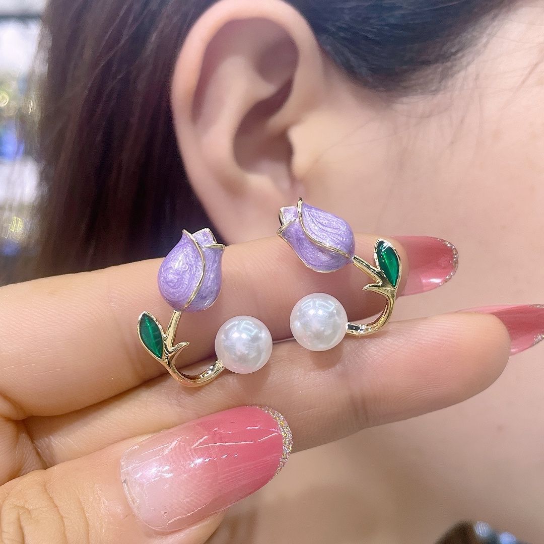 Pink Tulip Pearl Special Interest Light Luxury Design Eardrops Sweet Stud Earrings