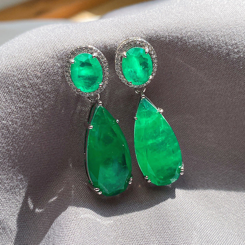 Women's Retro Large Water Drop Artificial Emerald Bar Earrings