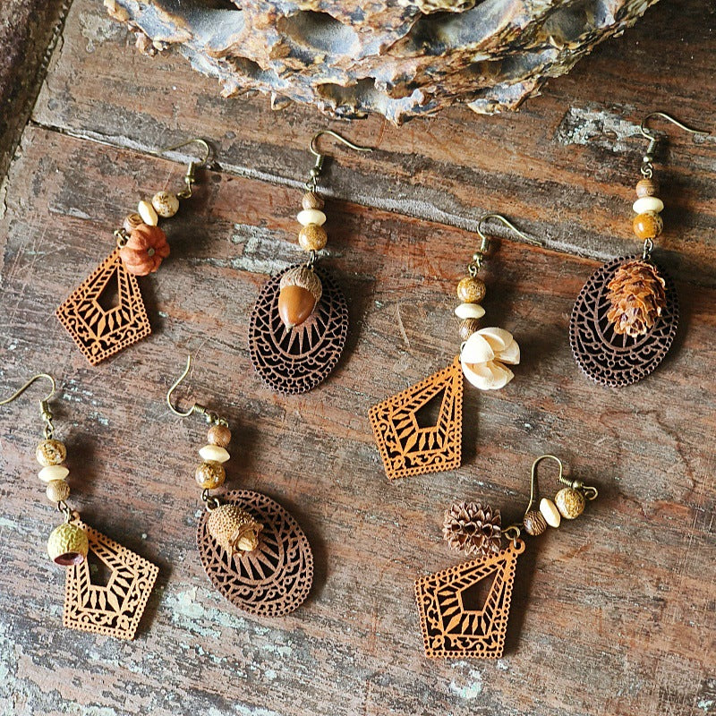 Style Retro Minority Mori Bohemian Indian Wandering Hollow Wood Grain Earrings