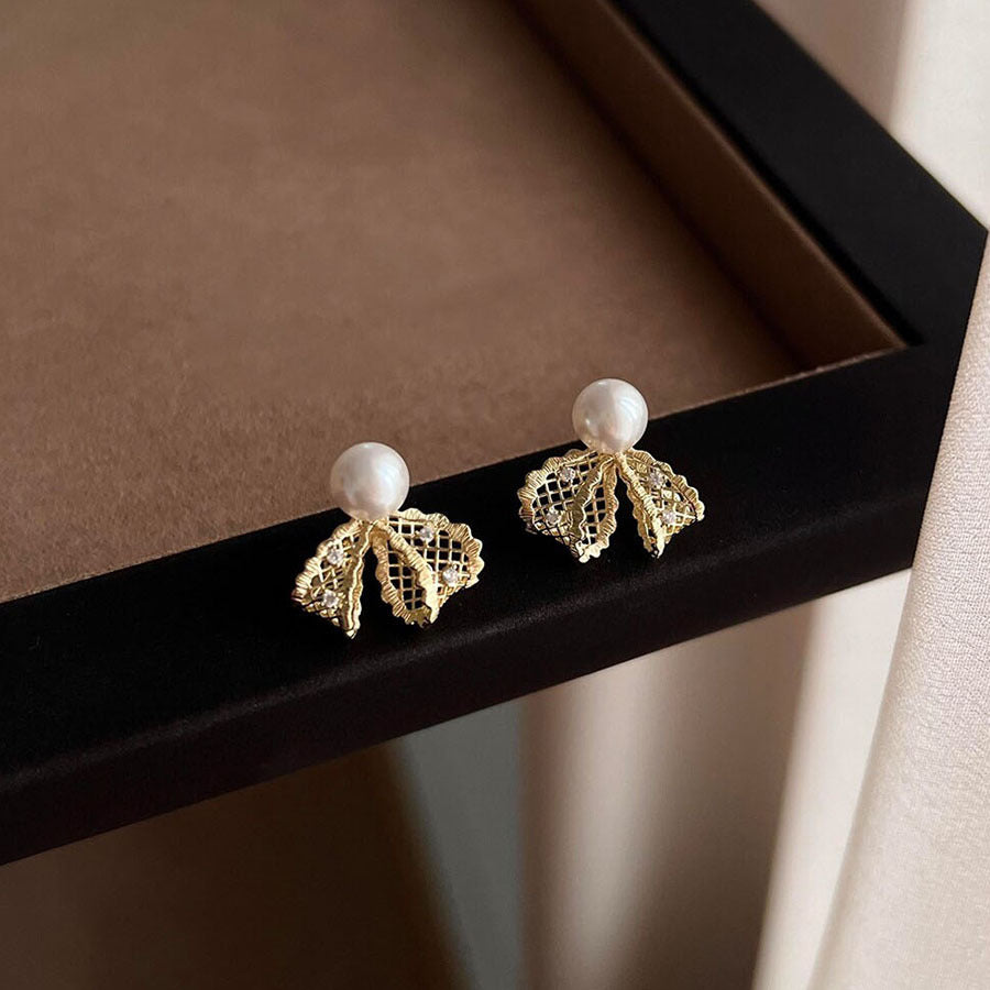 French Style Metal Lace Bow Pearl High-grade Exquisite Rings