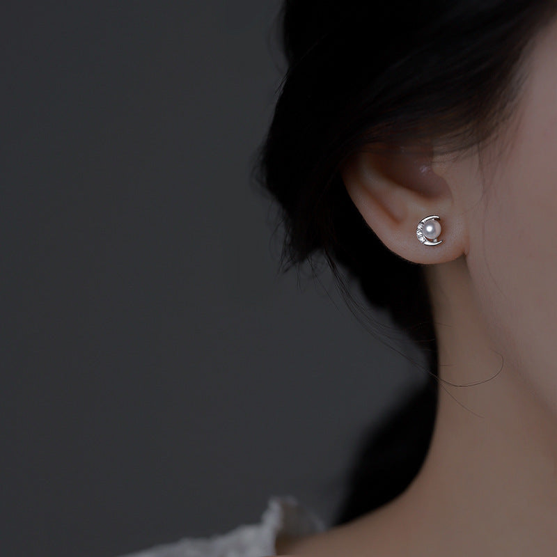 Women's Sier Moon Light Luxury Minority High-grade Zircon Stud Earrings