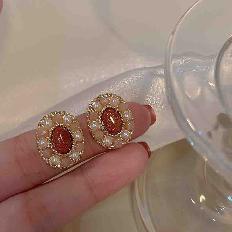 Sier Needle Wine Red Pearl Ear Tide Exquisite Super Fairy Stud Earrings