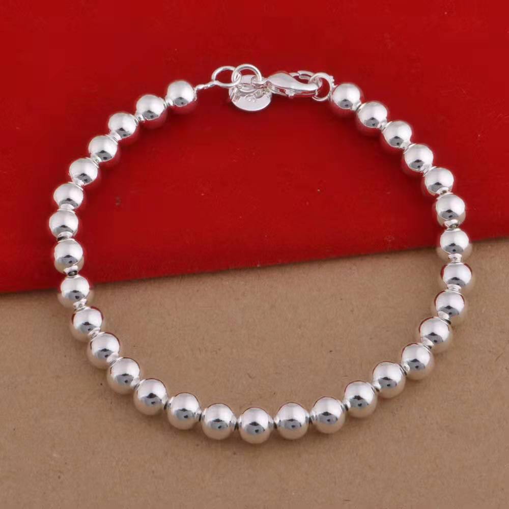 Women's White Copper Sier Plated Full Glossy Round Beads Bracelets