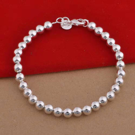 Women's White Copper Sier Plated Full Glossy Round Beads Bracelets