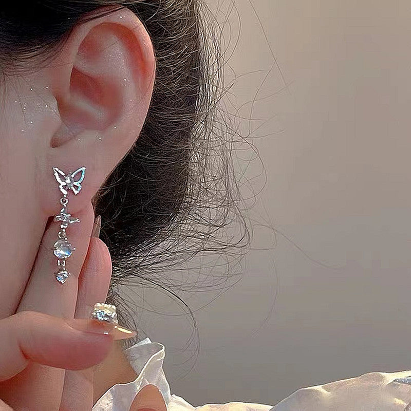 Women's Crystal Sier Needle Fashion Small Butterfly Earrings