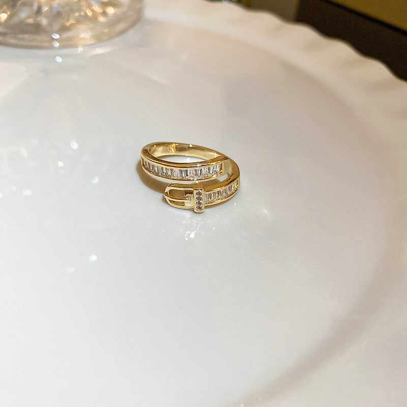 Real Gold Electroplated Zircon Buckle Light Luxury High Sense Index Ring