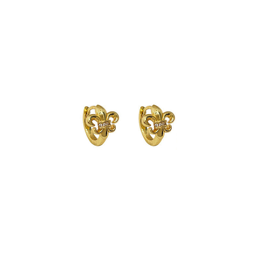 Golden Classical Rhinestone Flower-de-luce Ear Clip Light Luxury Antique Style Stud Earrings
