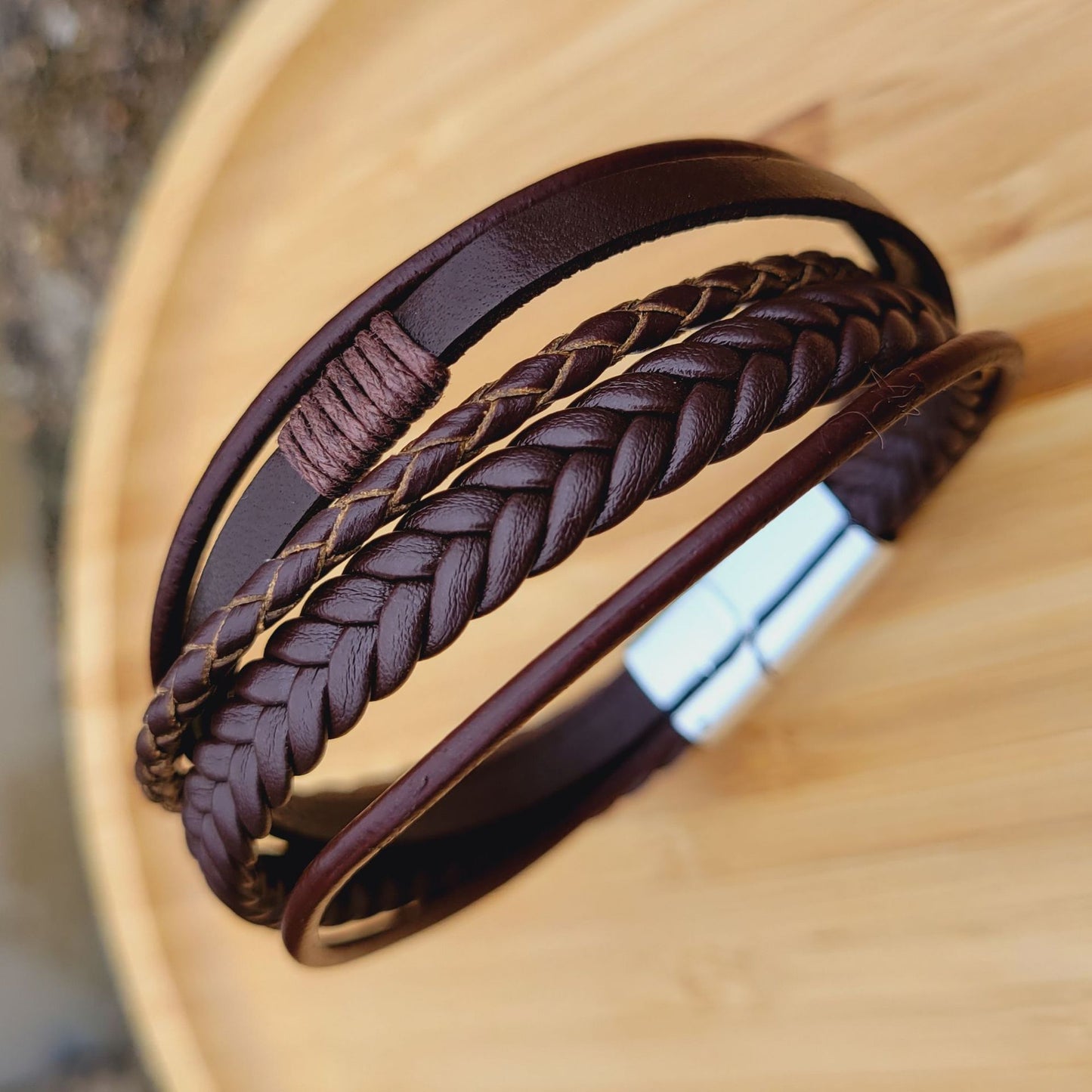 Men's Trendy Cowhide String Woven Leather Alloy Magnetic Bracelet