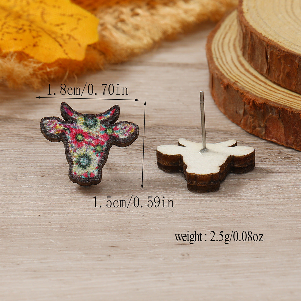 Head Wooden Simple Fashion Personality Cows Pattern Hat Leopard Earrings