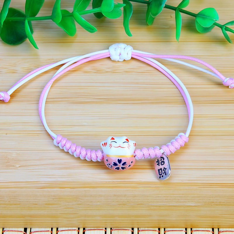 Ethnic Style Hand-woven Lucky Fortune Ceramic Cat Wax Line Double Bracelet