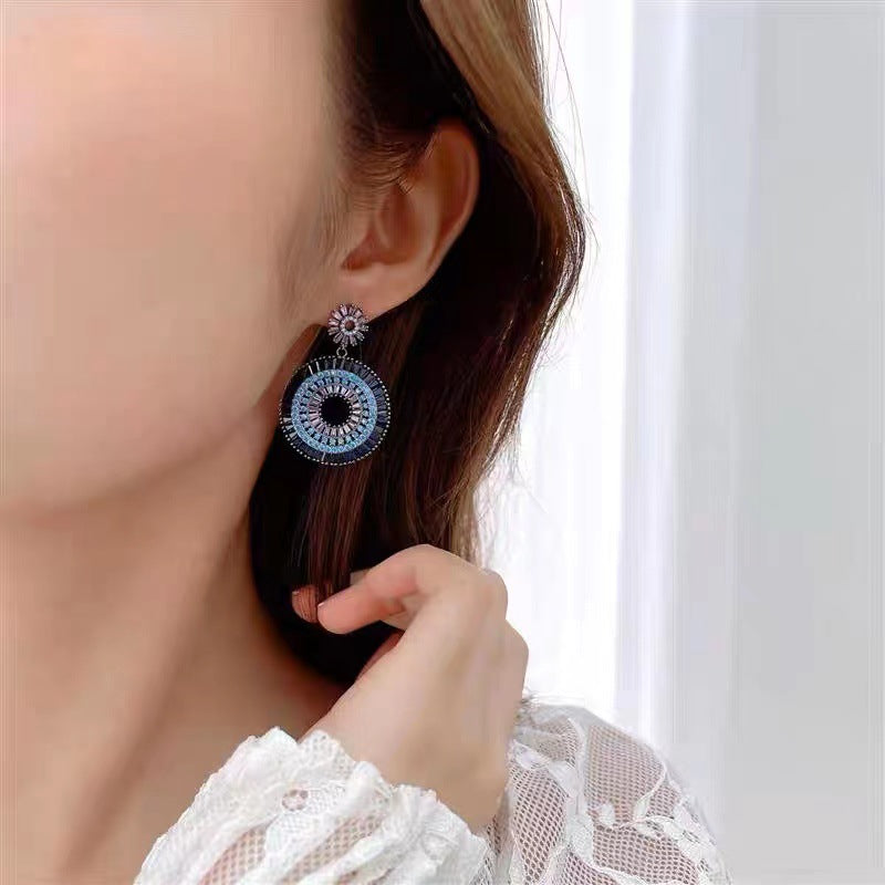 Exaggerated Diamond Round Blue Zircon Personalized Tide Design Sier Stud Earrings