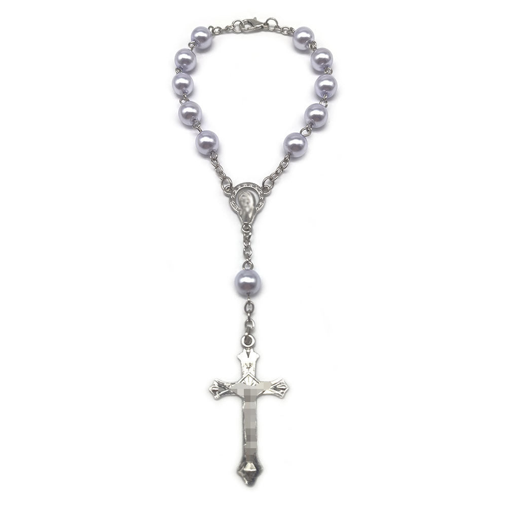 Artificial Glass Pearl Rosary Zinc Alloy Cross Beaded Bracelet