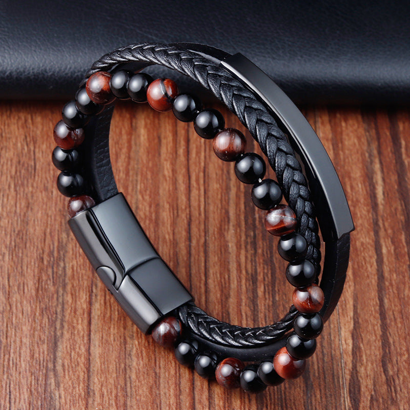 Men's Natural Stone Volcanic Rock Leather Stainless Bracelets