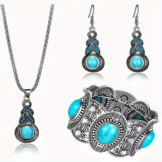 Vintage Blue Rhinestone Inlaid Turquoise Ear Necklaces
