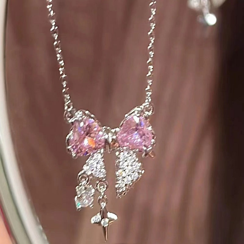 Pink Zircon Bow Niche Elegant Simple Light Necklaces