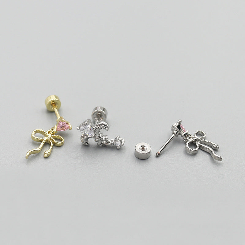 Inlaid Zircon Flower Star Stainless Steel Screw Fine Rod Cartilage Earrings