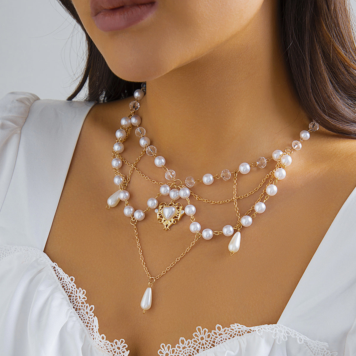 Niche Temperament Imitation Pearl Love Heart Vacation Style Fashion Necklace